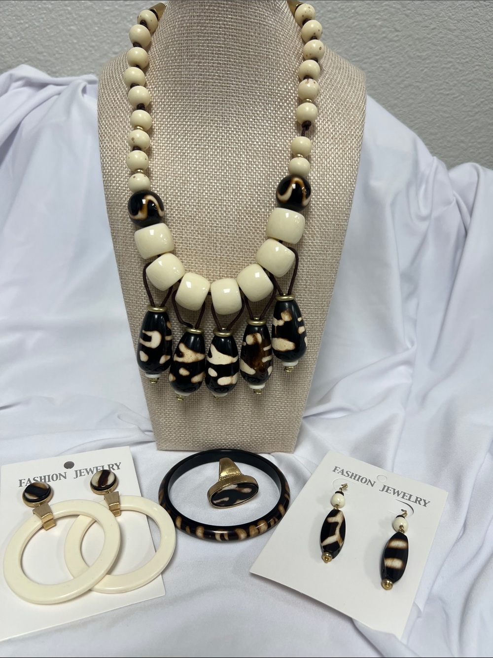 Ivory and Black Bead Statement Necklace with Earrings , bracelets and ring